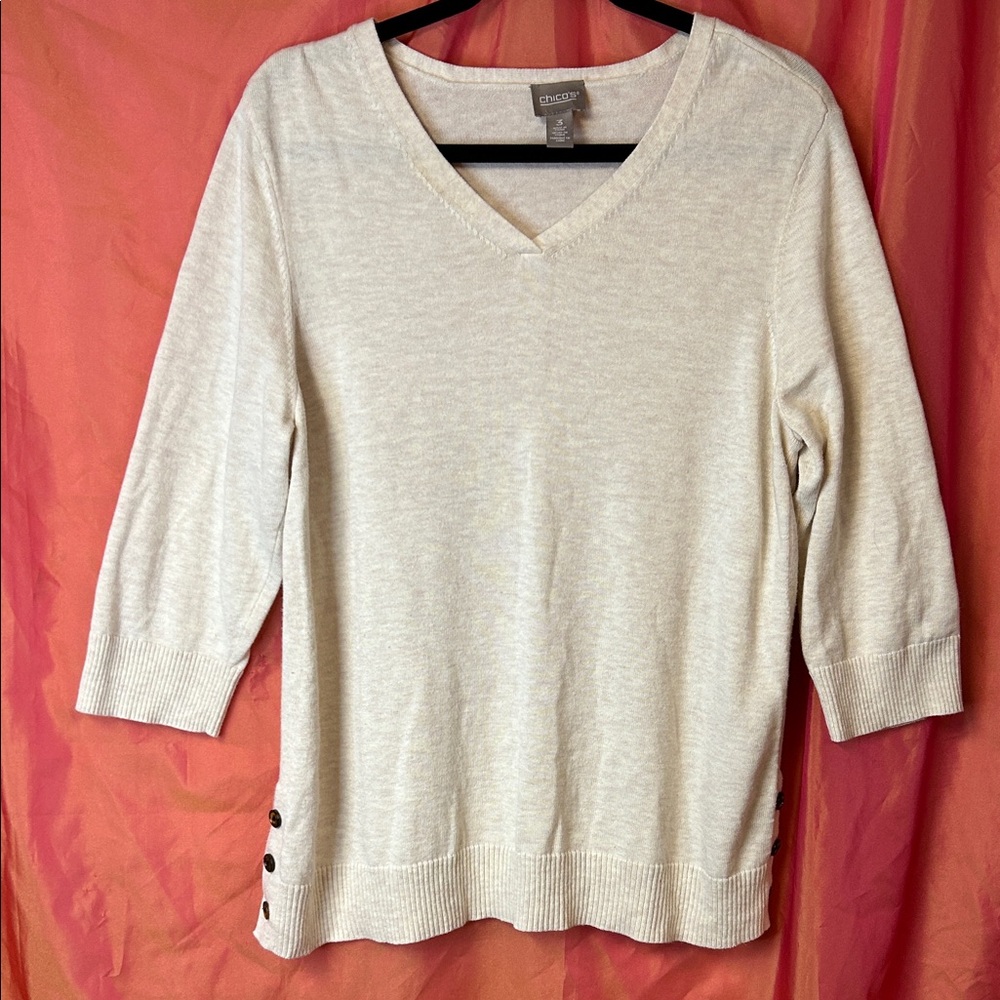 Chico's Light Beige V-Neck Sweater with Side Buttons Size XL (3)  3/4 Sleeve